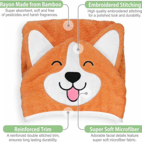 Corgi Dog Baby Hooded Towel | Organic Bamboo | Free Washcloth | Unisex | NEW - Picture 10 of 11